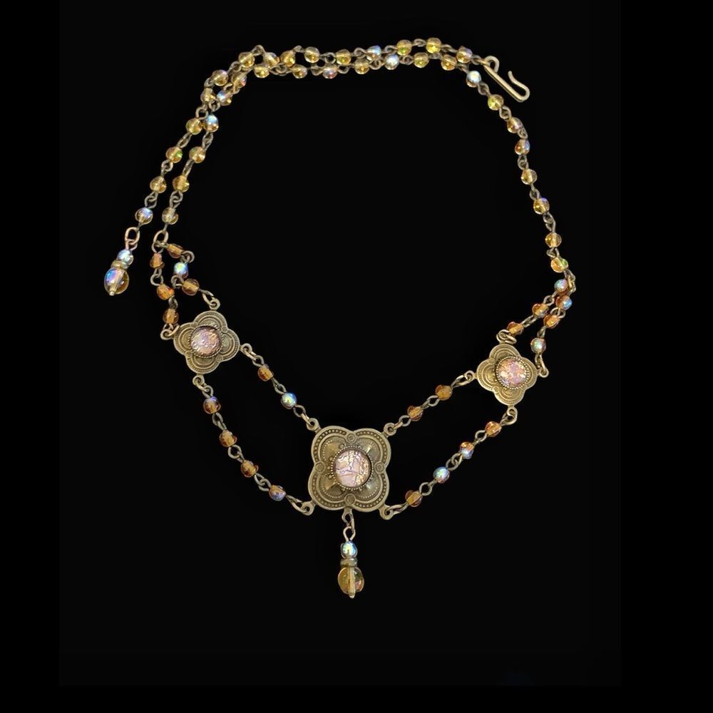 Vtg Banana Bob Victorian festoon necklace ab amber opal ox gold 20” adjustable